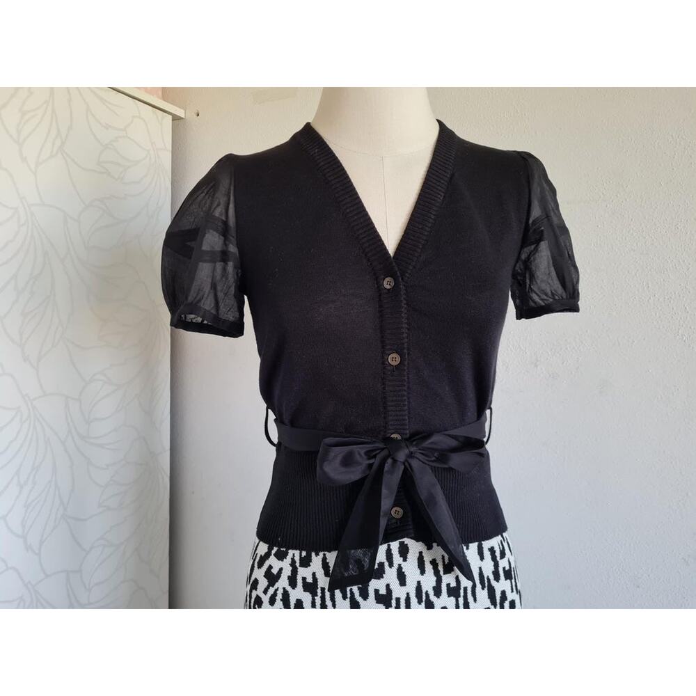 Miu Miu Mixed Media Buttonfront Short Sleeve Swea… - image 1